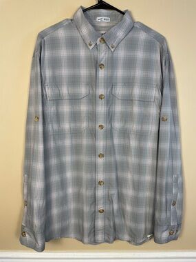 Duluth Trading Co Men’s Untucked Plaid Gray Orange White Button-Up LS Shirt